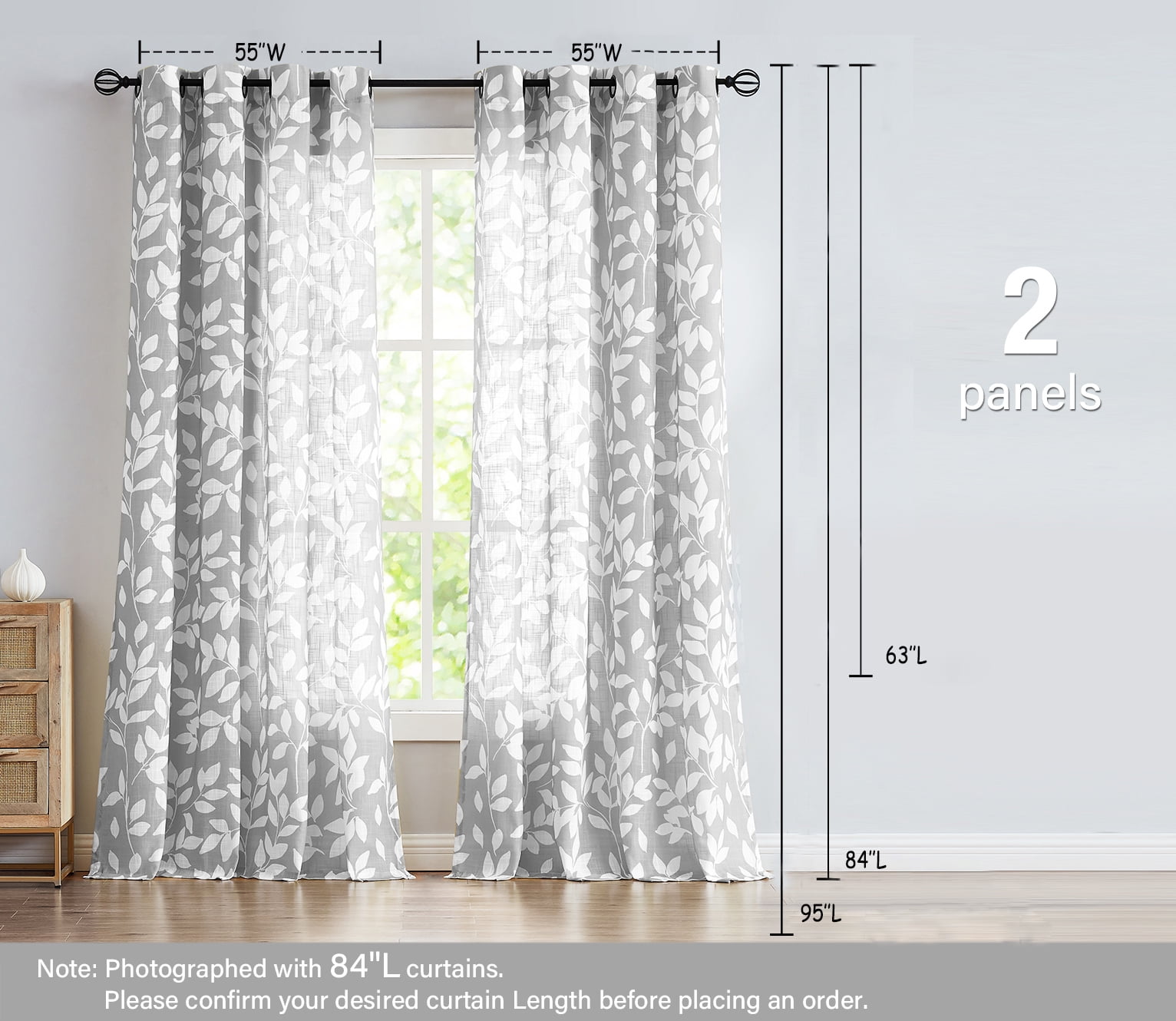 Exultantex Semi Sheer Panels Leaf Curtains for Window,95" Length Linen Textured Living Room Bedroom Drapes, Grommet Top, 1 Pair,Grey