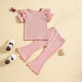 thumbnail image 2 of Zwiiyzr 1-5T Toddler Baby Girl Summer Clothes Set Crewneck Ruffle Knit Ribbed Short Sleeves T-Shirts Tops Flared Pants 2Pcs Outfits Pink, 2 of 7