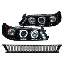 Spec-D Tuning LED Halo Glossy Black Projector Headlights   Abs Mesh Hood Grille Compatible with 1993-1997 Toyota Corolla Left   Right Pair Headlamps Assembly