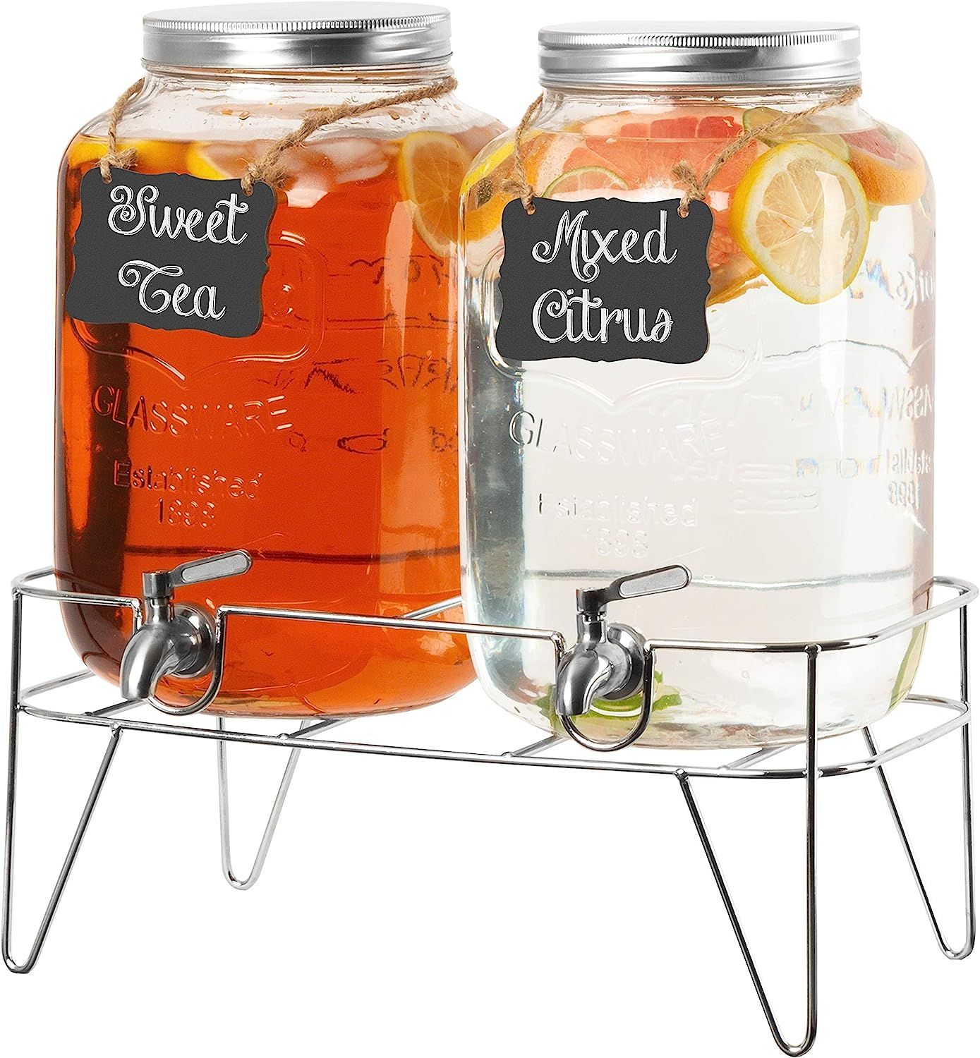 2 Pack of Glass Beverage Dispensers with Sturdy Metal Bases & Stainless