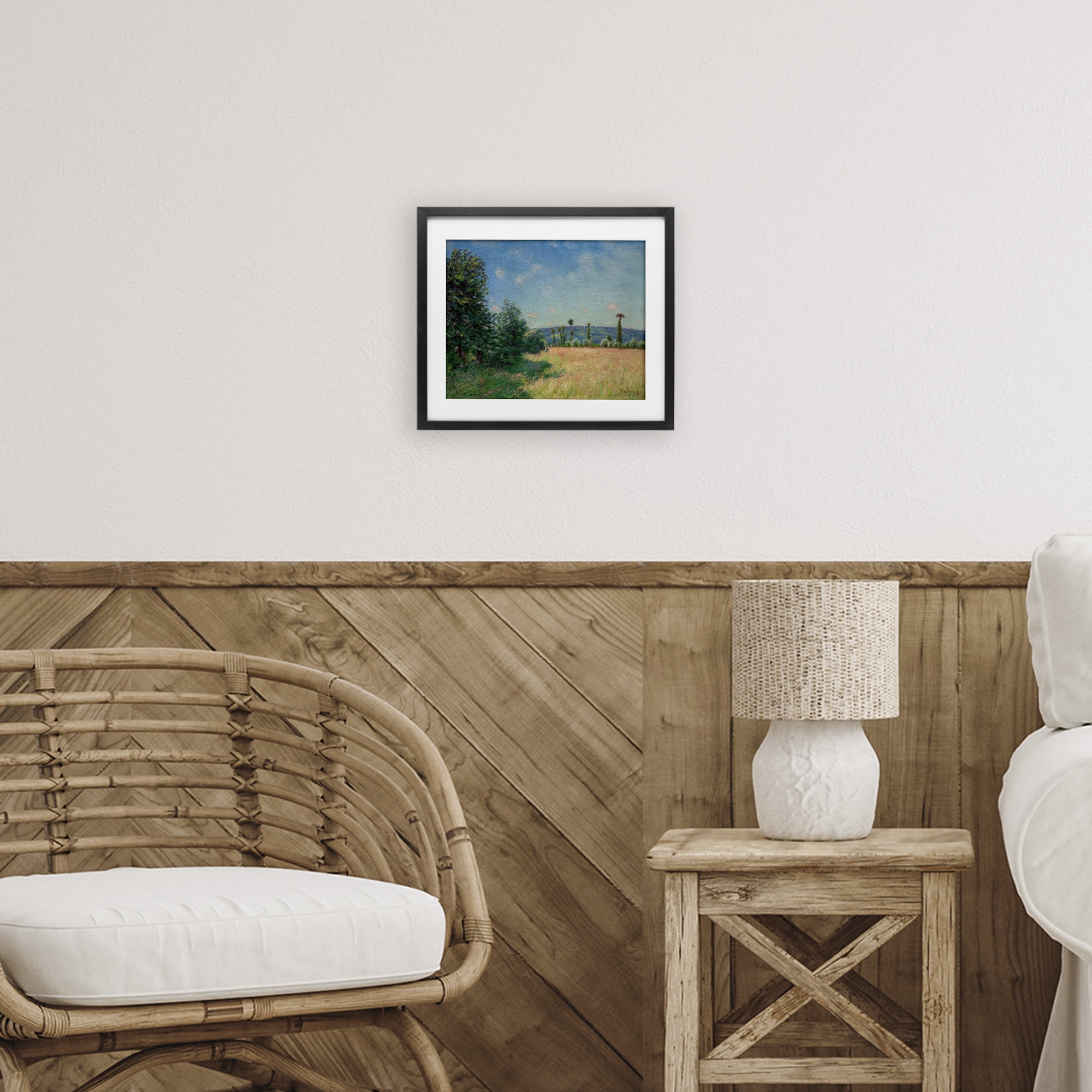 Sahurs Meadows in Morning Sun Black Framed Print Under Glass, design by Alfred Sisley