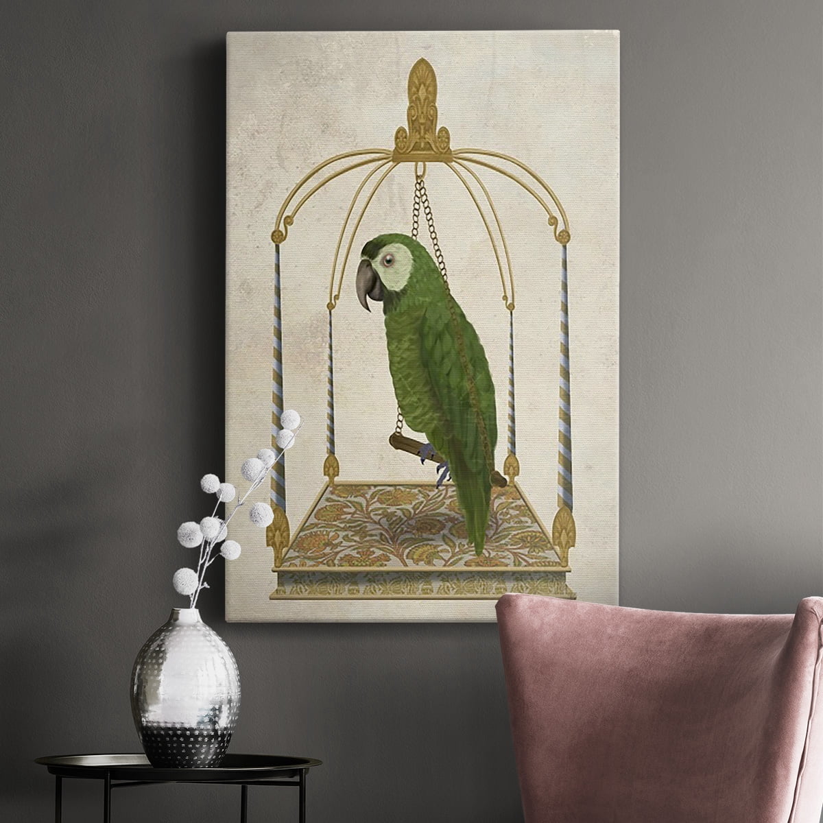 Green Parrot on Swing Premium Gallery Wrapped Canvas - Ready to Hang