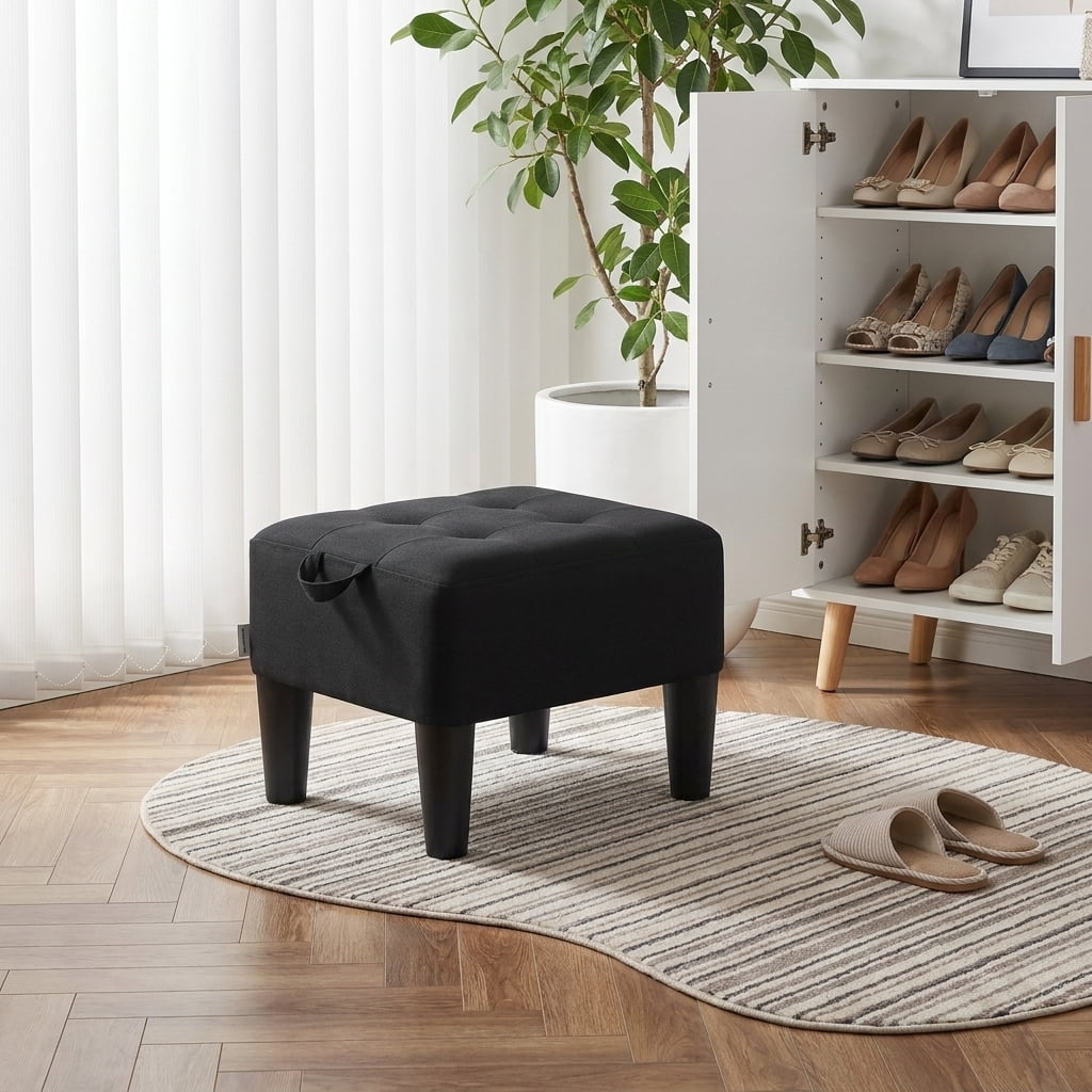 Ledrem Small Footstool Ottoman with Thick Cushion, Angled Legs, Hidden Storage Compartment, Ink Black