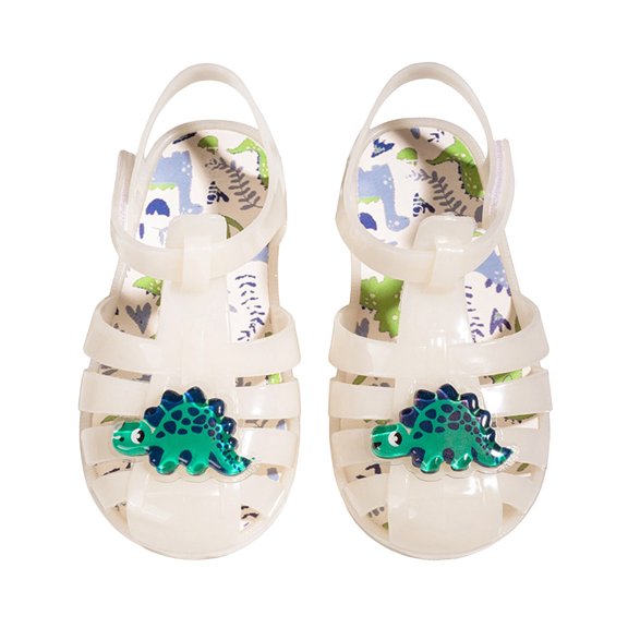 Gpaecead Kids Dinosaur Print Jelly Sandals Closed Toe Adjustable Strap Non Slip Comfortable Shoes For Beach, White
