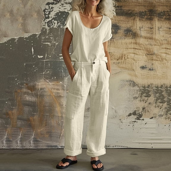 SOOMLON Travel Outfits for Women 2 Piece Sets Breathable Scoop Neck Shirt Button Long Pants with Pockets 2 Piece Sets