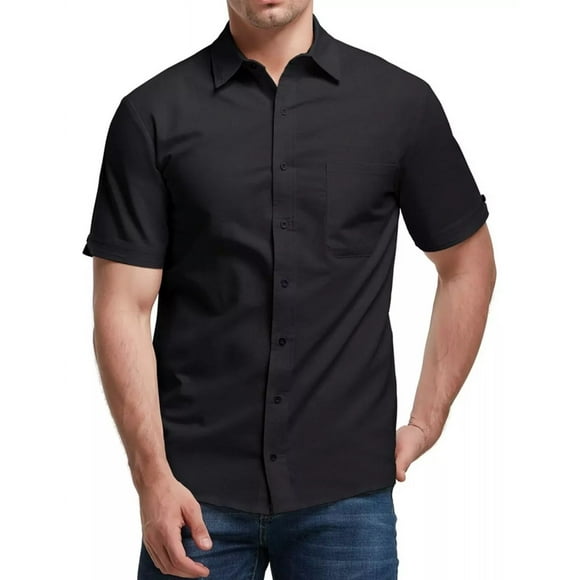 Camisa Cuello Mao Lino Hombre Casual Slim Fit Manga Corta