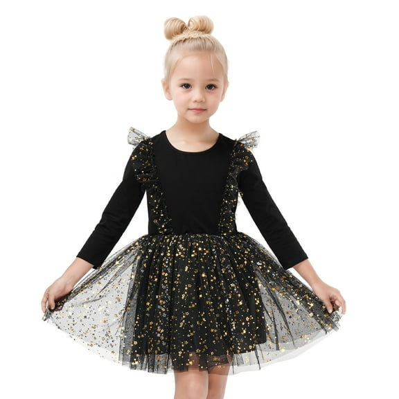Kuleyang Little Girls Dresses Tutu Long Sleeve Velvet Tulle Spring Princess Star Sequin Ruffle Holiday Party Birthday Dresses Black 6T(120)