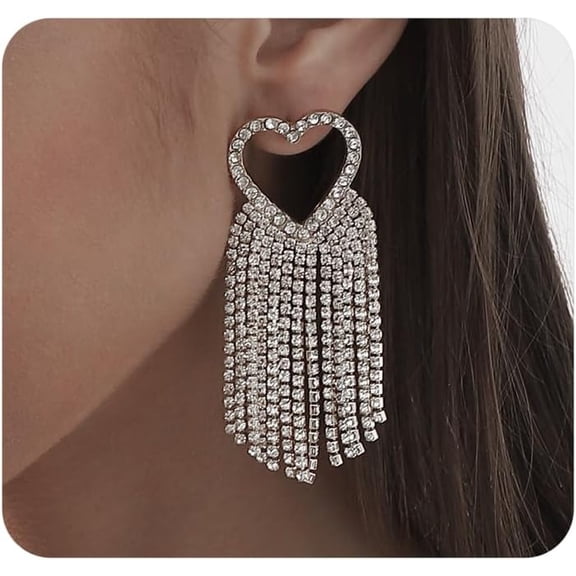 Sparkling Rhinestone Heart Chandelier Earrings for Women, Silver Love Cubic Zirconia Statement Earrings Trendy Silver Prom Aesthetic Jewelry