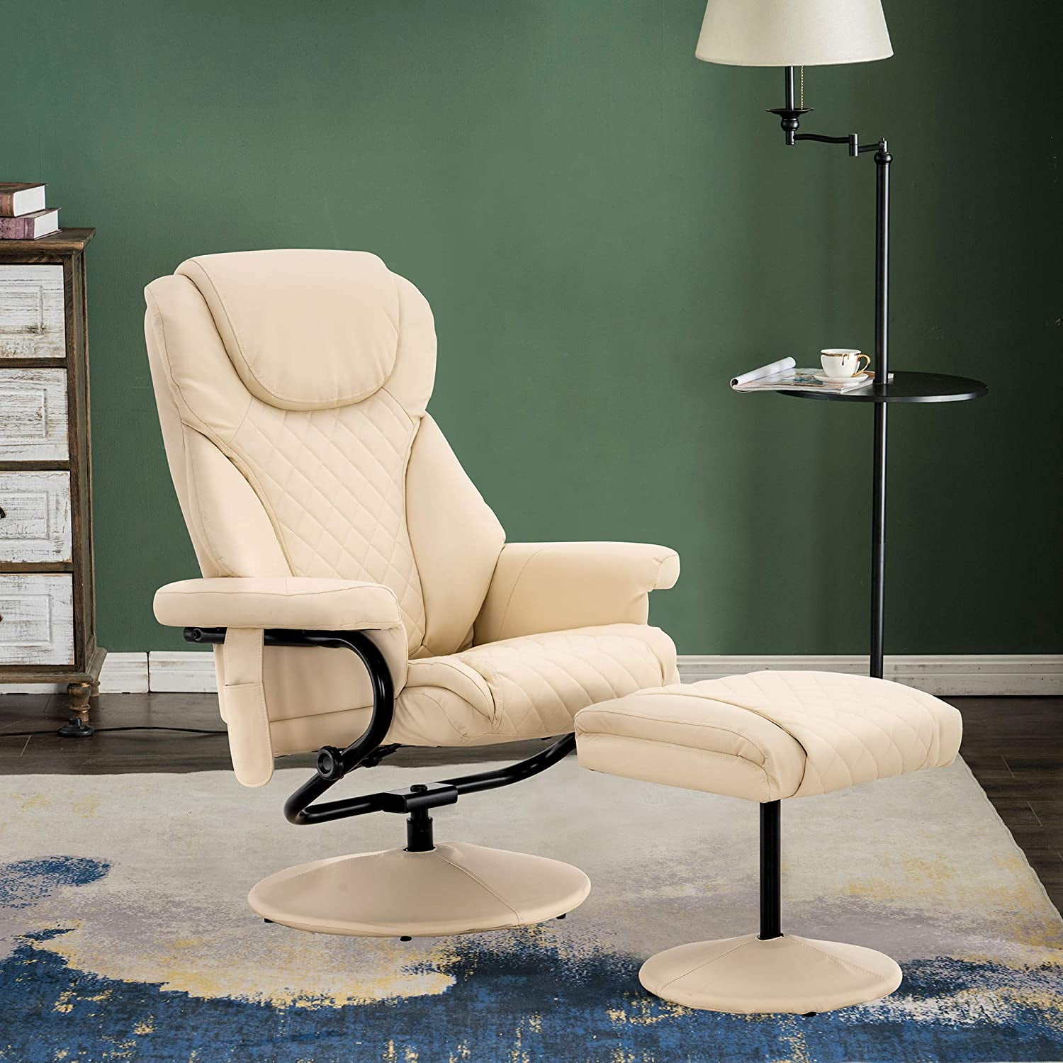 MCombo Massage Recliner Chair with Ottoman for Living Room, Swivel Recling Chair Faux Leather, 4901  (Cream White)