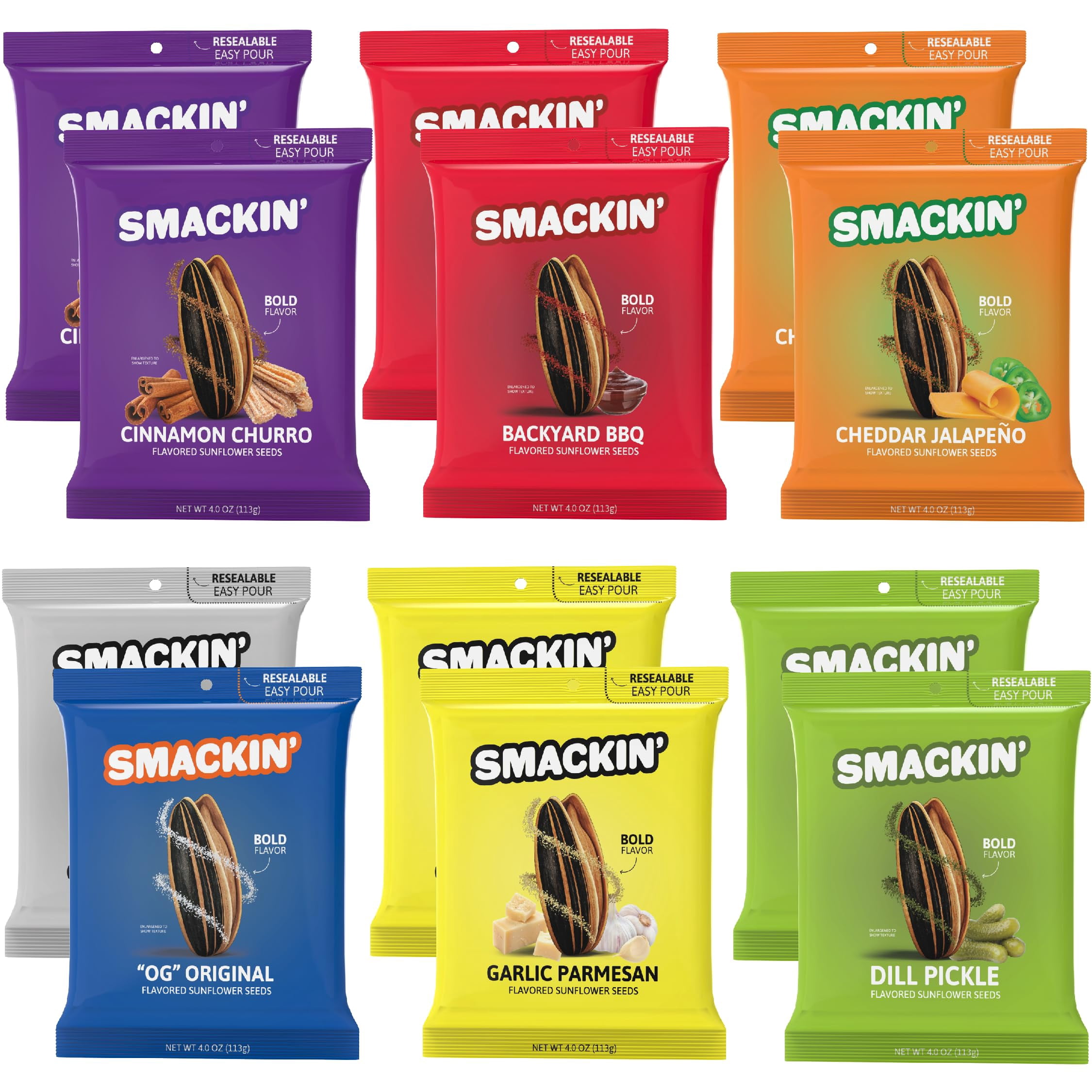 SMACKIN' - Jumbo Roasted Sunflower Seeds, No Salty Burn, American Made, Easy Pour & Seal - Variety Pack, 4oz bag (12 Bags)