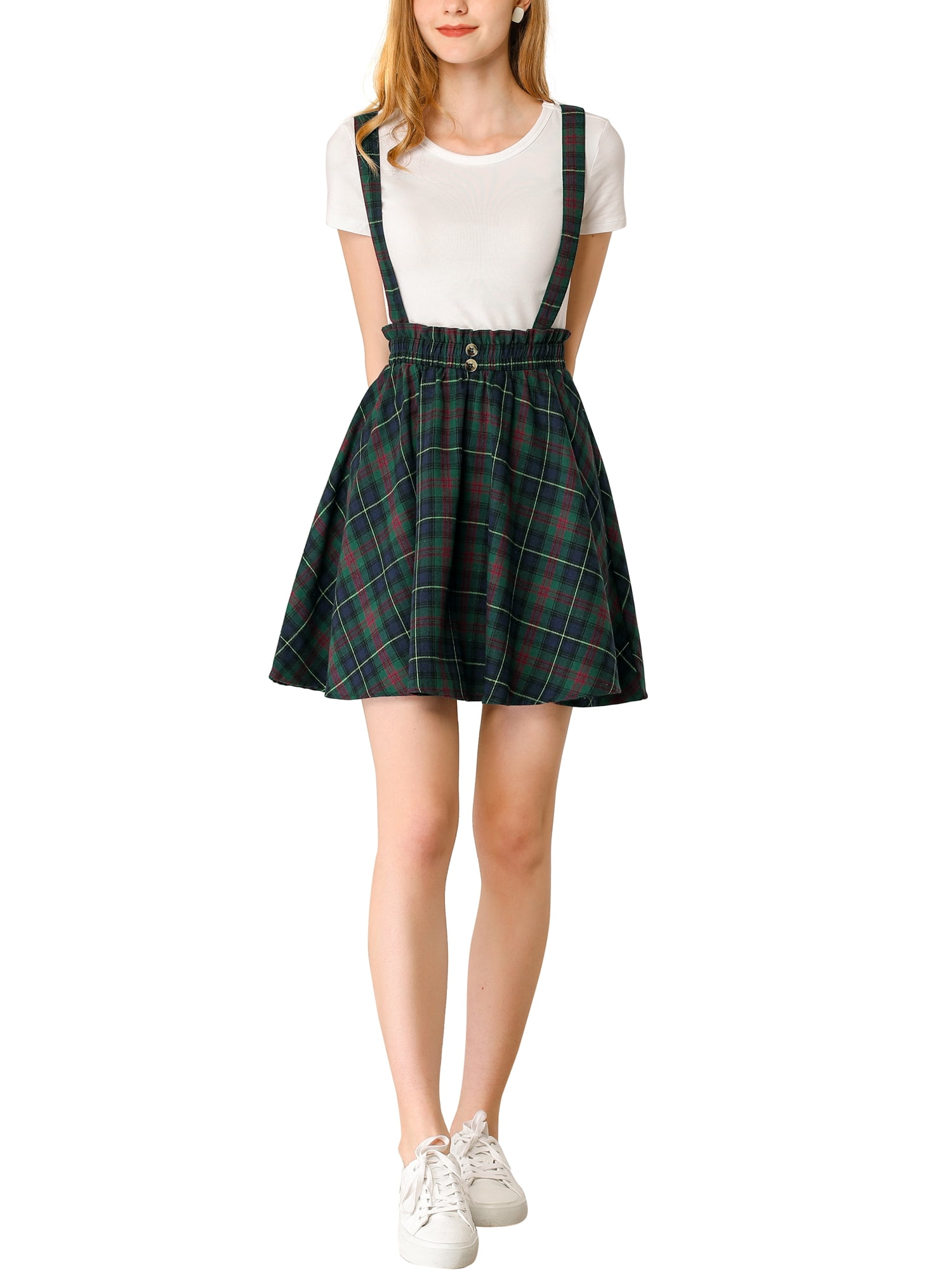 DARING DIVA Women's Tartan Plaid Skater Suspender Skirt L Blue Green