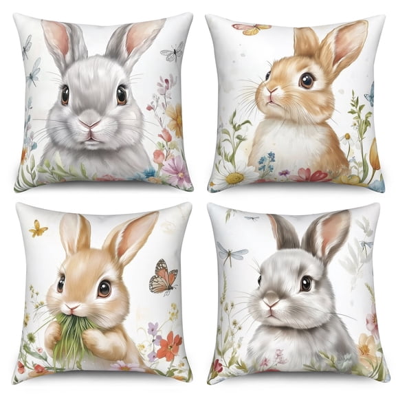 Dashan Easter Bunny Throw Pillow Covers 18x18 Set of 4,Rabbit Floral Spring Decorative Pillow Cases for Bedroom Sofa Couch
