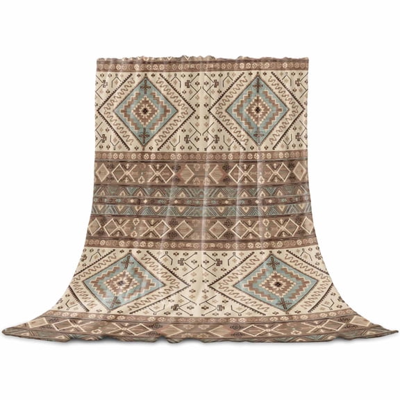 Brown Geometric Flannel Blanket for Bed, Modern Ethnic Southwest Vintage Soft Cozy Warm Couch Throw Blanket, Lightweight Fluffy Plush Bedding Blankets for Sofa Decor All Season 50"x60"