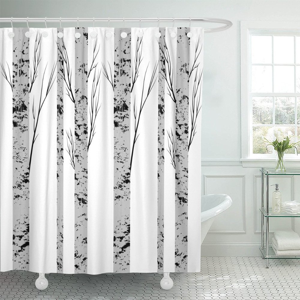PKNMT Gray Bark Birch Trees Fabrics Green Pattern Forest Drawing Shower