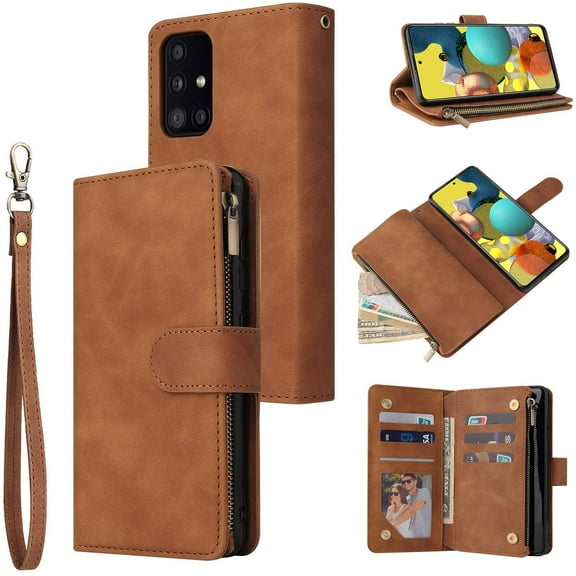 Wallet Case for Samsung Galaxy A52 4G/5G A52S 5G, Premium Vintage PU Leather Magnetic Closure Handbag Zipper Pocket Case Kickstand Card Slots with Wrist Strap Shockproof Flip Cover - Brown
