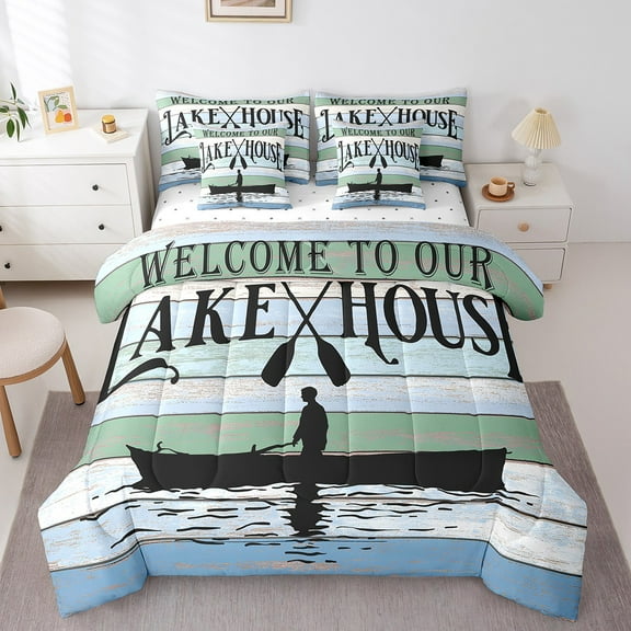 Erosebridal Rustic Lake House Bed in a Bag Twin Size, Country Lake Life Bed Set, Teal Old Barn Door Bed Sheets Setp with Comforter, Breathable Room Decor, Reversible 7 Pieces