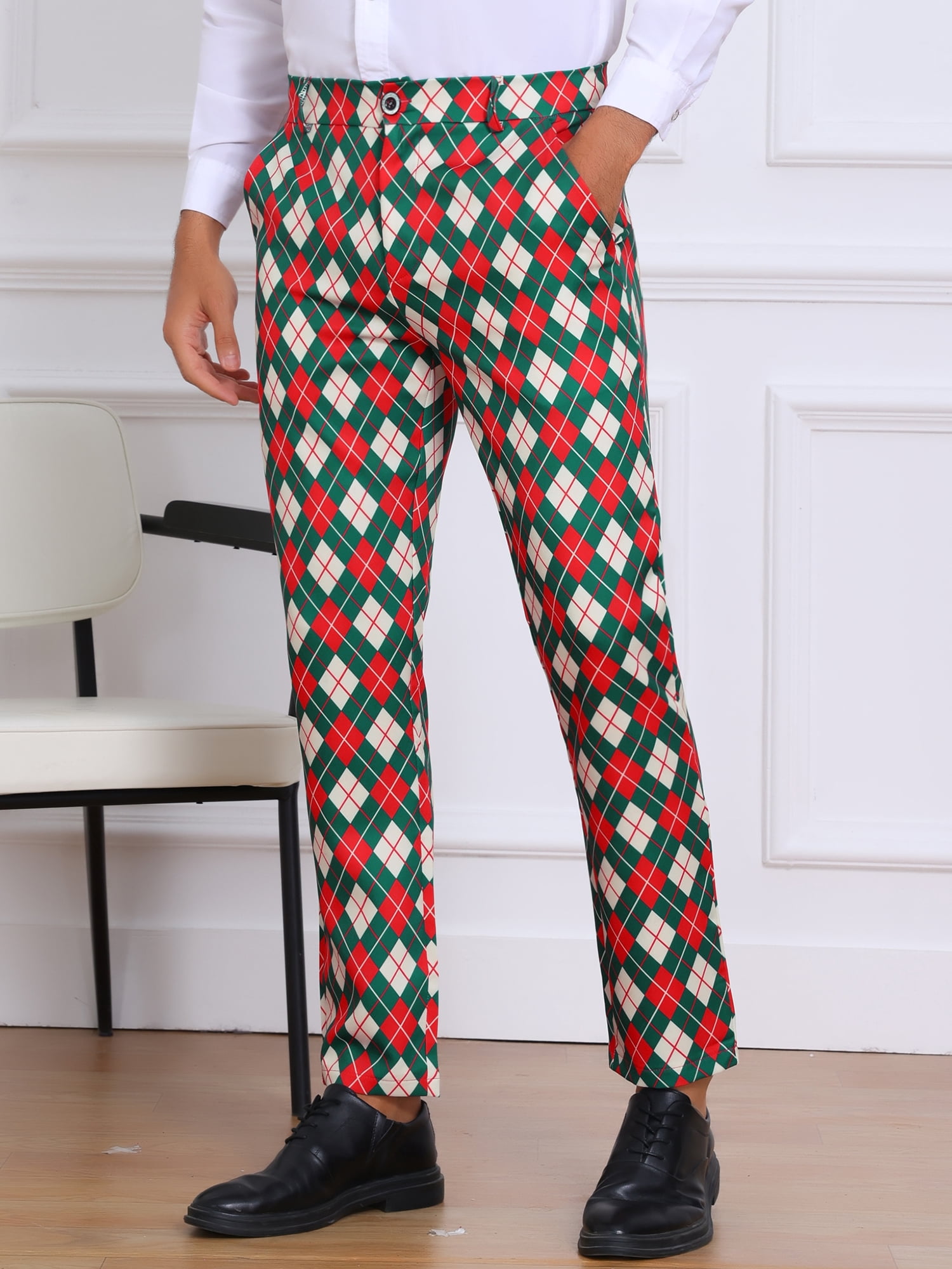 DARING DIVA Men's Argyle Pattern Flat Front Retro Plaid Printed Golf Pants 36 Green Red