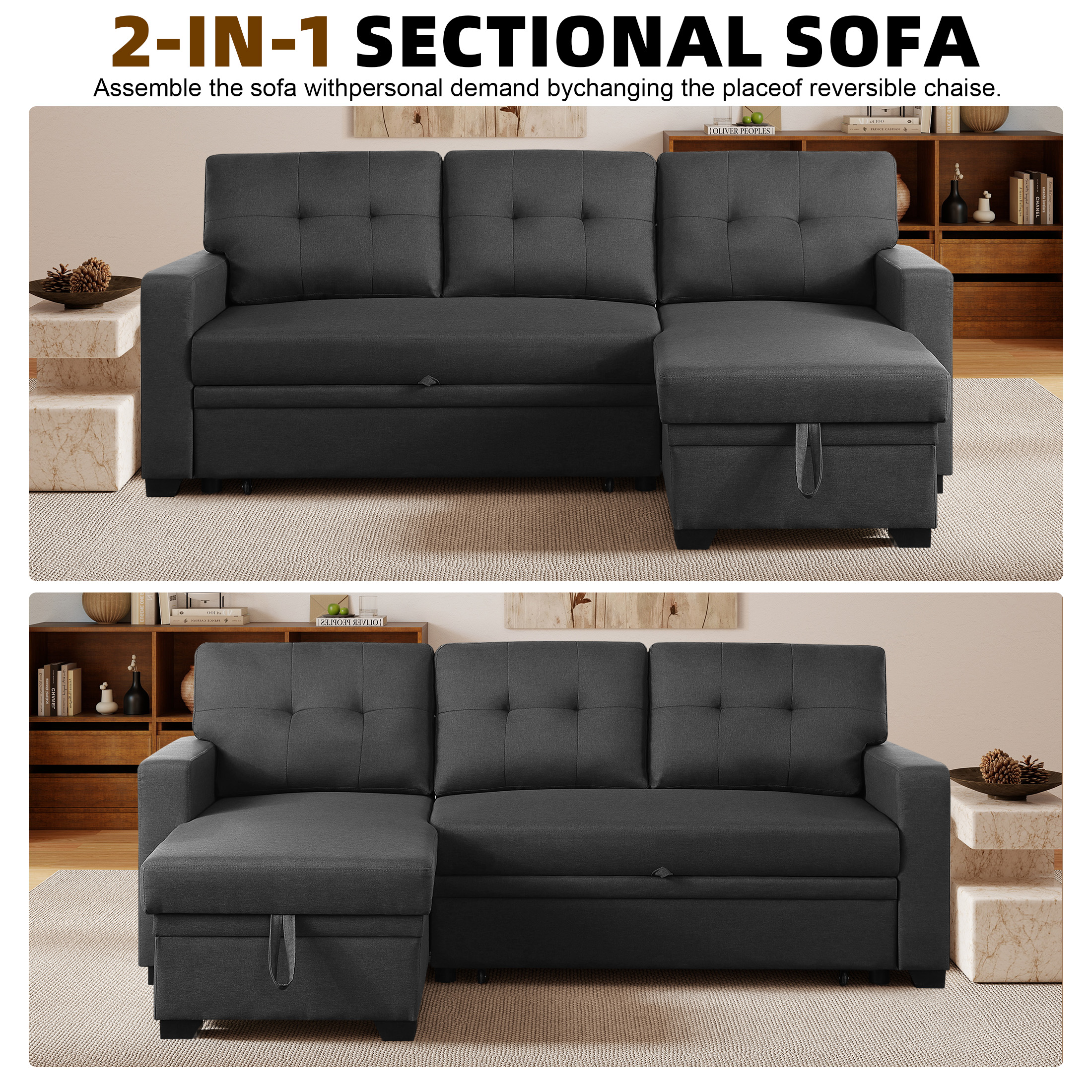 Aukfa Premium Pull-Out Sleeper Sofa Bed with Storage Chaise, Contemporary 3-Seater Couch for Living Room, Dark Gray