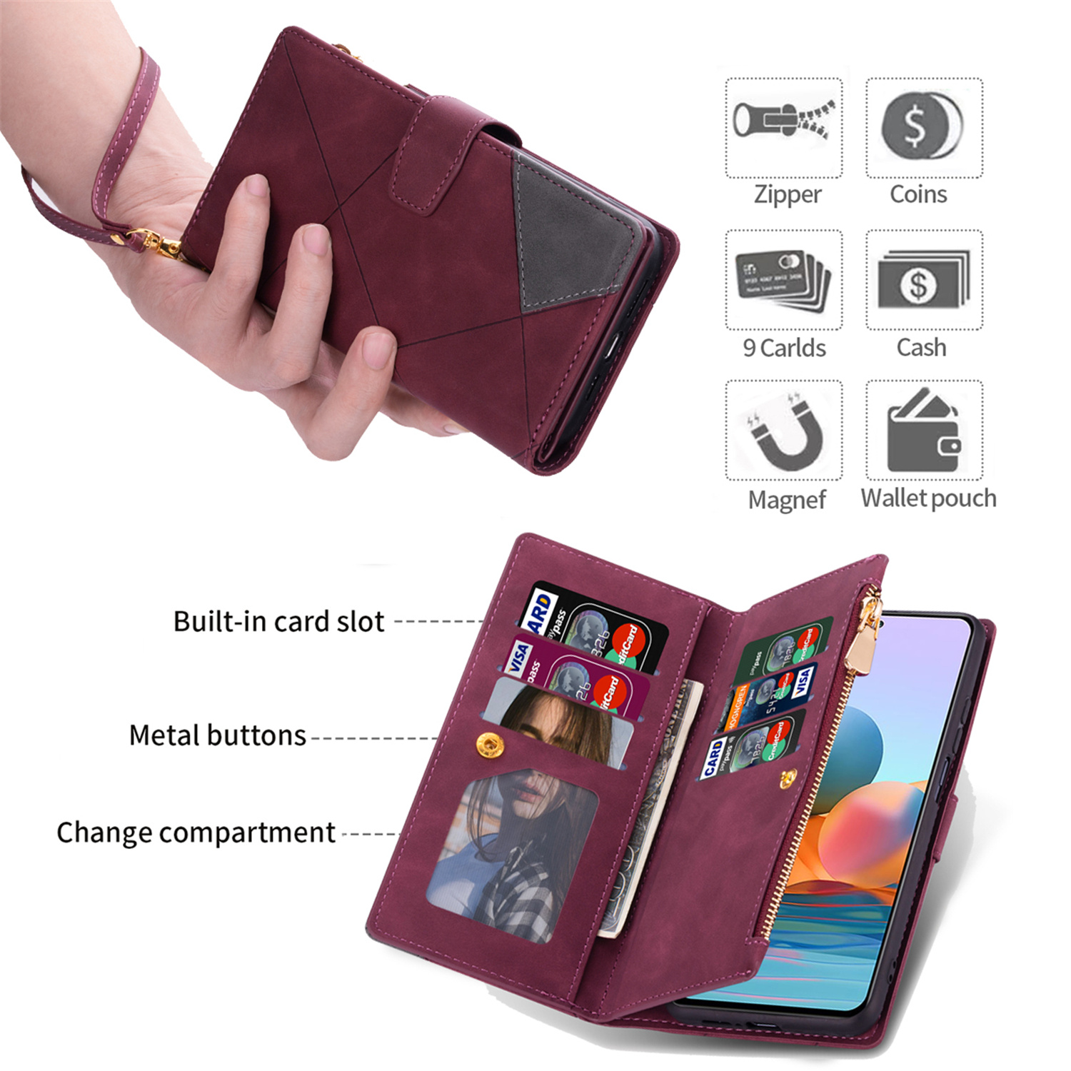 Tarise for Samsung Galaxy S21 Plus 5G Case Zipper Wallet with 9 Card Holder, S21+ Case for Women Men, Strap Wristlet Wristband Magnetic Kickstand Flip Phone Cover for Samsung S21 Plus 5G 6.7", Winered - image 5 of 9