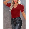 thumbnail image 2 of Women's Short Sleeve Knit Pullover Sweaters V Neck Ribbed Solid Soft Slim Fit Sweater Blouse Tops, 2 of 5