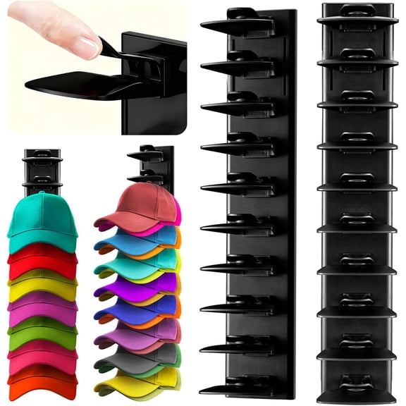 2Pack Hat Organizer for Baseball Cap with Locking Tech, Hat Rack Strong Adhesive Hat Hooks for Wall Hold Up to 20 Hats, Multi-layer Hat Storage Display for Door, Bedroom, Closet - Black