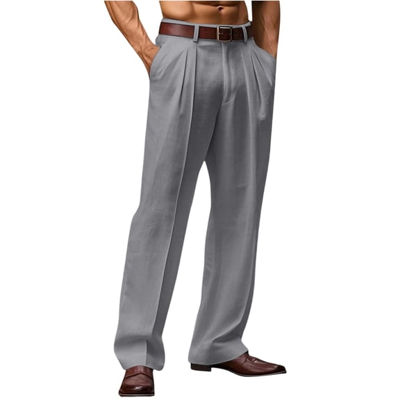 LNZGNM Linen Pants Men Loose Straight Pants Elastic Waist Lightweight Summer Beach Pants Stylish Outdoor Trousers with Pockets,Gray L
