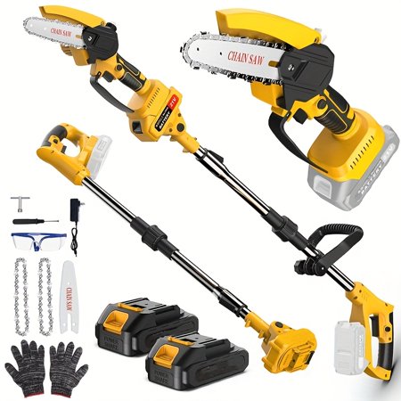 2-in-1 Cordless Pole Saw - Battery-Powered Tree Trimming Tool, Retractable/Foldable Design | 13ft Reach, 3 Extension Rods, 2 Chains (4in/6in) & 2x1500mAh Batteries