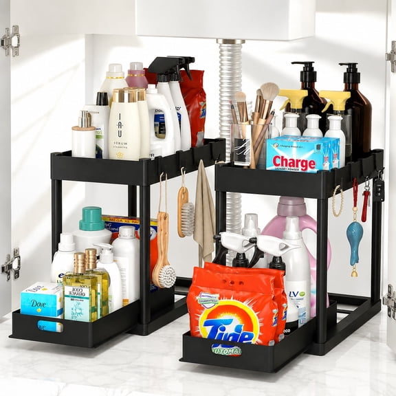2-Tier Under Sink Organizer with Pull-Out Drawer, 4 Hooks and Hanging Cup