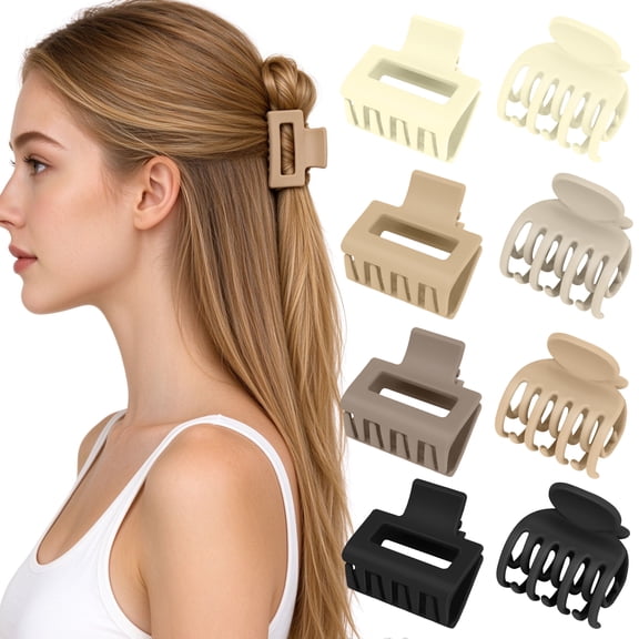 Matte Hair Clips for Women and Girls -8 Pcs Ergonomic Rectangle and Double Row Small Claw Clips for Thick Thin Medium Fine Hair Accessories Strong Hold Nonslip Jaw Clips(Beige,Khaki,Brown,Black)