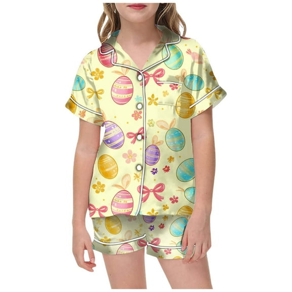 Girls Easter Pajamas Set Easter Egg Cartoon Printed Button Down Short Sleeve Pajamas Set Spring Clothes 6-7 Years