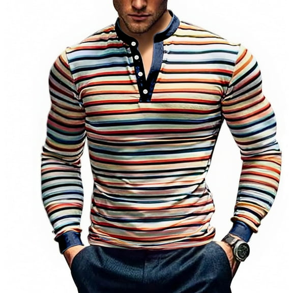 WTOBBY Men's Fashion Casual Long Sleeve Shirt with Striped V-Neck Design, Colorful Blouse Style Top for Versatile and Layered Outfits,Orange L