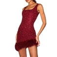 thumbnail image 1 of Txlixc Mini vestido de lentejuelas con purpurina para mujer, cuello en U, sin mangas, con adorno de plumas, de una sola pieza, vestido corto de fiesta de noche sin espalda Txlixc  Estilo de ocio, 1 of 5