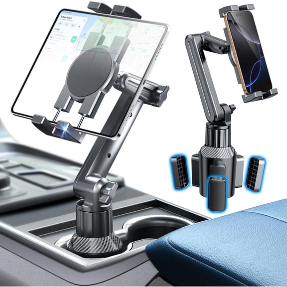 Cup Holder Tablet Mount for Truck, Car Tablet Holder with Adjustable 15" Height 360° Rotation Stand, 0.9" Depth Clamp Fit for iPad Air/Pro/Mini 4.7"-12.9" Foldable Phone iPhone
