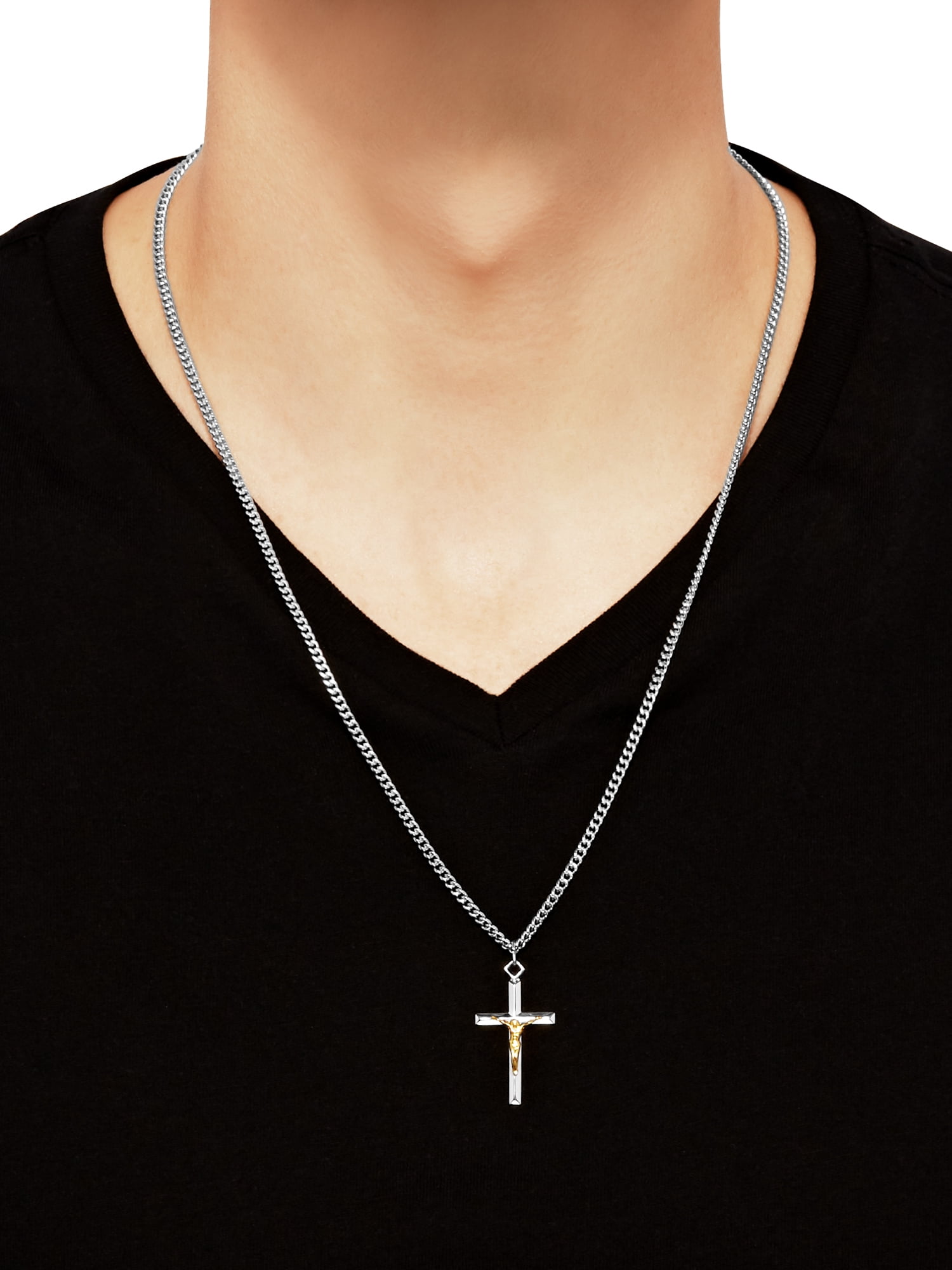 Brilliance Fine Jewelry Sterling Silver Cross on Stainless Steel Necklace, 24"