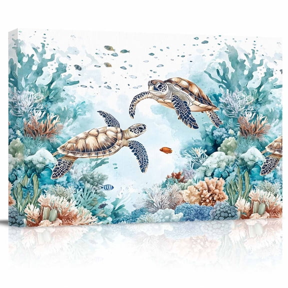 Sea Turtles Canvas Print Wall Art Nautical Underwater Brown Teal Ocean Marine Life Pictures Painting Morden Artwork for Living Room Bedroom, Ready to Hang - 12"x16"