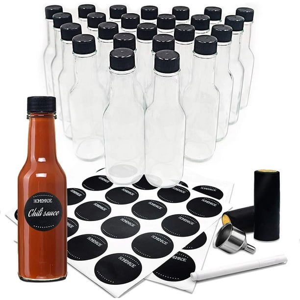GMISUN Mini Hot Sauce Bottles 5 oz, 24 Pack Glass Woozy Bottles with Shrink Capsules, Mini Wine Bottles with Labels, Funnel, Caps, Dripper Inserts, ...