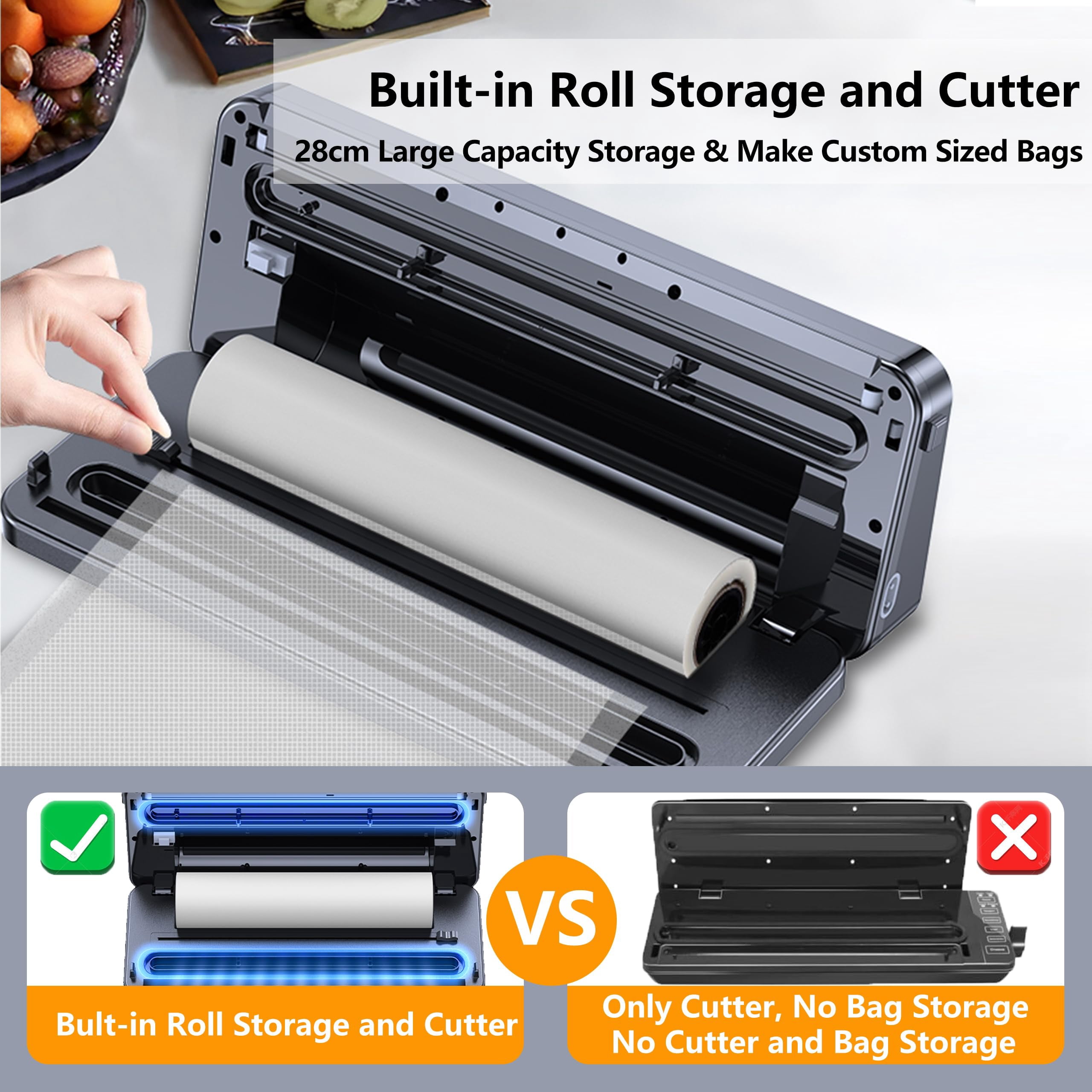 5-in-1 Mini Vacuum Sealer Machine, 90KPa Compact Automatic Food Preservation Storage, Bag Roll Included, Silver