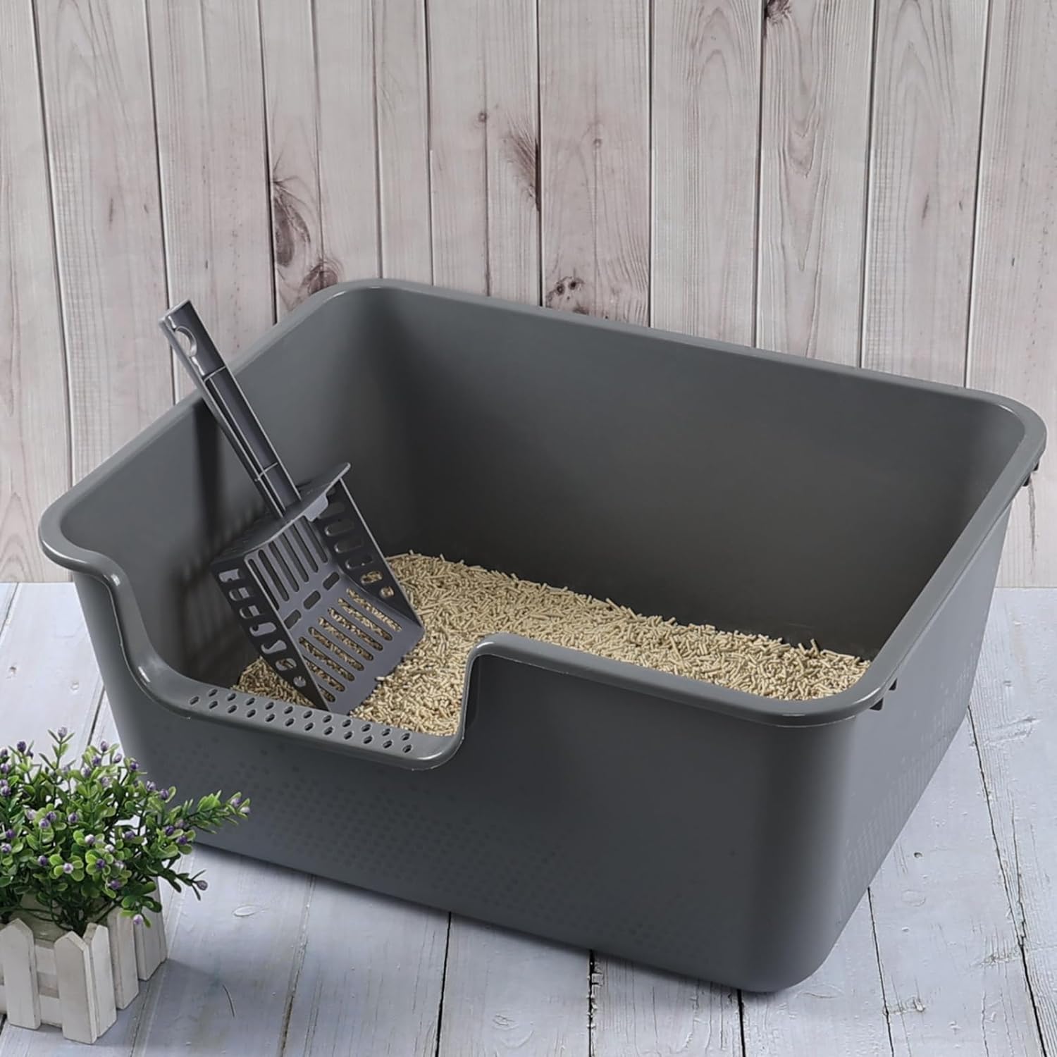 Obstnny 4-Pack Plastic Open Top Cat Litter Box, Litter Box with High Sides, Gray