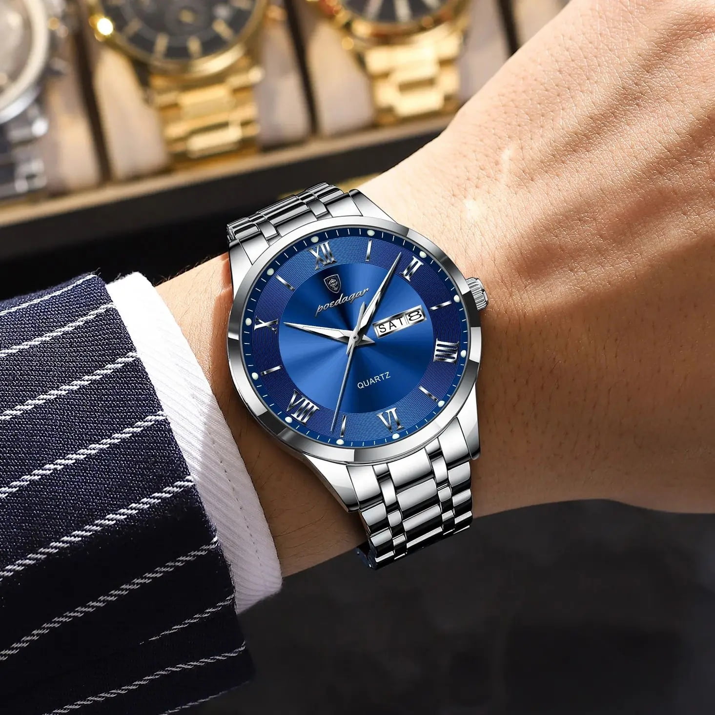 POEDAGAR Fashion Stainless Steel Men's Quartz Watches Waterproof Luminous Week Date Sports Man Wrist Watch