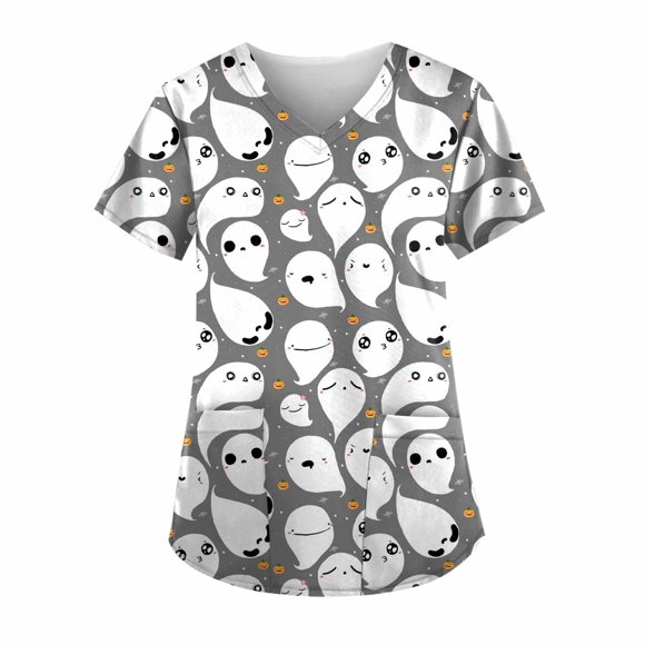 TIMIFIS Scrubs for Women Halloween Tops Skeleton Pumpkin Tops Blouse Ghost Print Uniforms & Scrubs for Women Nurse Stretchy Workwear Holiday Casual Tees Blouse Scrubs Tops with Pockets-White