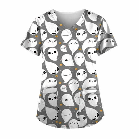 

Ozmmyan Womens Scrub Top Causal V-Neck Printing Blouse Short Sleeve T-Shirt Pockets Scrub Tops Clearance