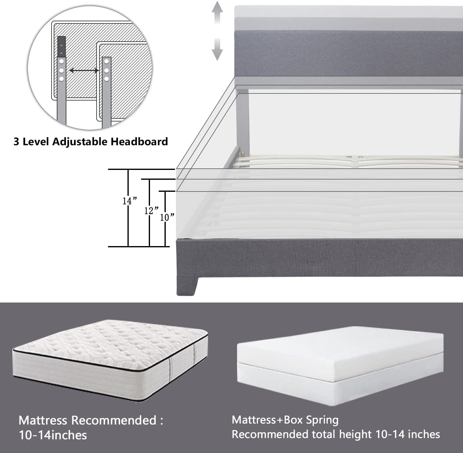 Sha Cerlin Queen Size Upholstered Platform Bed Fame with Adjustable Fabric Headboard, Wood Slat Support, Light Grey