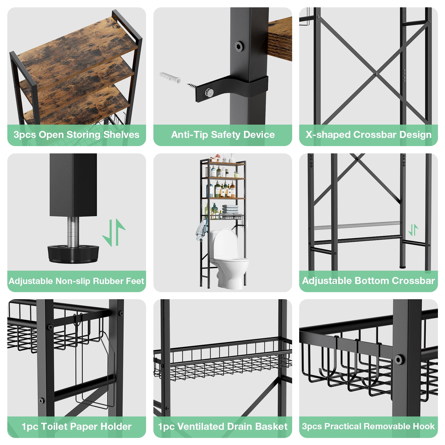 Mr IRONSTONE Over the Toilet Storage 4 Tier Bathroom Space Saver Rack, Wooden Freestanding Organizer with Toilet Paper Holder, Vintage Brown