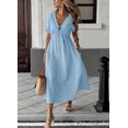 thumbnail image 2 of sicmoss Women's Blue Cotton Boho V-Neck Tunic Dress Short Sleeve Long Loose with Pockets Summer, 2 of 3