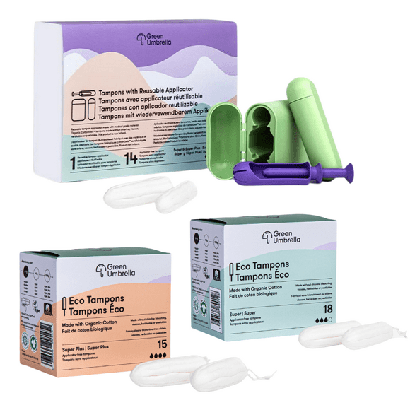 Reusable Tampon Applicator Kit with Extra Organic Cotton Tampon Refills by Green Umbrella - Fits Sizes Super & Super Plus Tampons