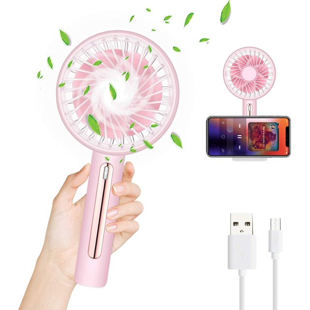 Mini ventilador portátil, ventilador de mano recargable USB con base, ventilador de mano pequeño silencioso de 4 velocidades para el hogar, oficina, viajes, coche, rosa