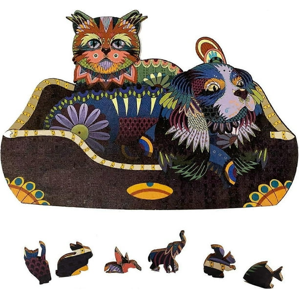 Wooden Jigsaw Puzzles, Wooden Puzzle Pieces for Adults and Kids, 100 Pieces Unique Shape (8.8 x 6.3inch),Cat and Dog Puzzle Toys