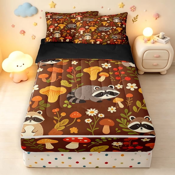 Homewish Bohemian Fungus Plant Zipper Full Size Comforter Sets with Fitted Sheet and 2 Pillowcases,Cute Raccoons Animals Zipper Bedding Set,Brown,Black Reversible,4pcs