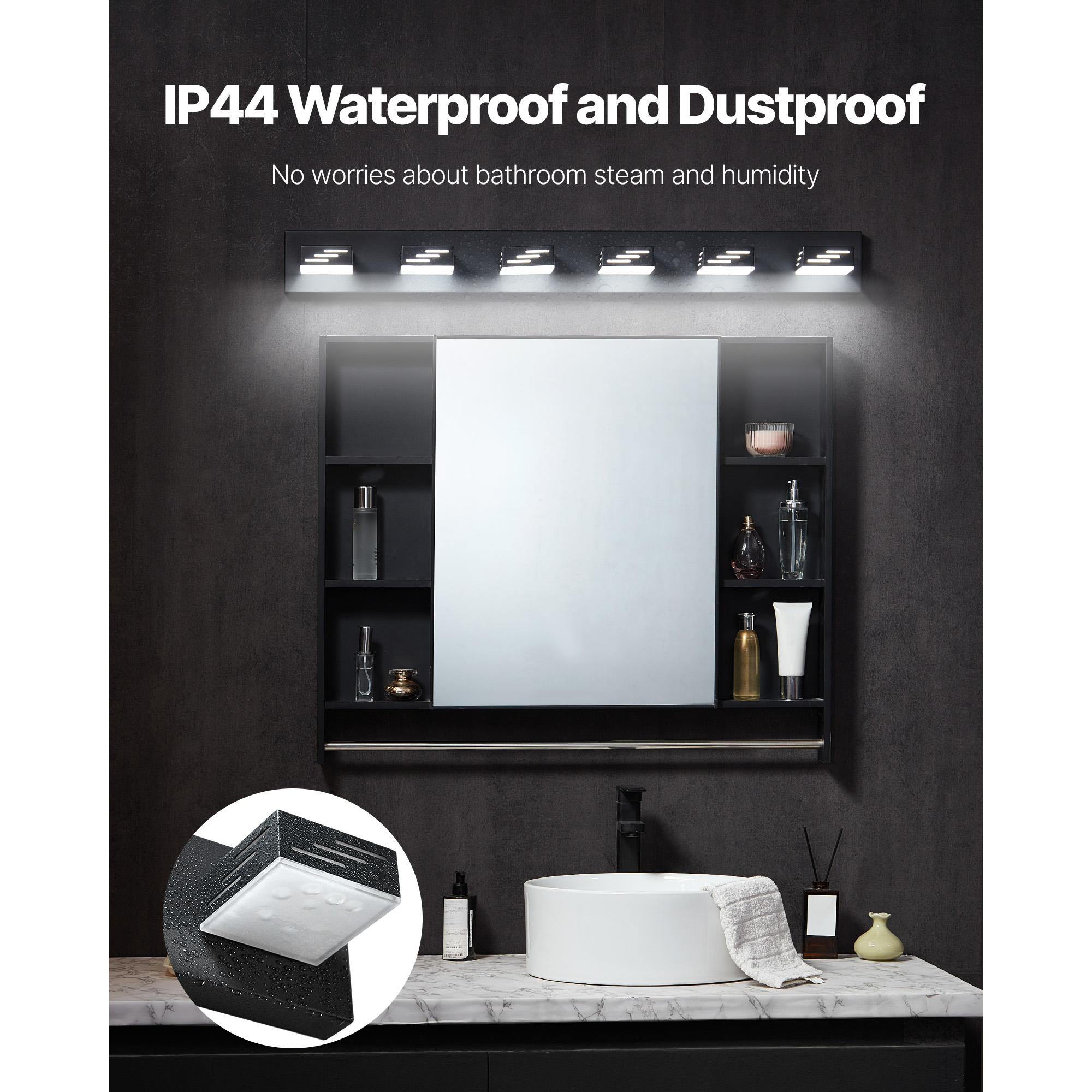 KFFKFF 6-Light LED Vanity Light Fixture, 40.35-Inch, Black Finish Wall Lighting for Bathroom, Bedroom, Living Room, Hallway, Waterproof Design, Cool White 6000K