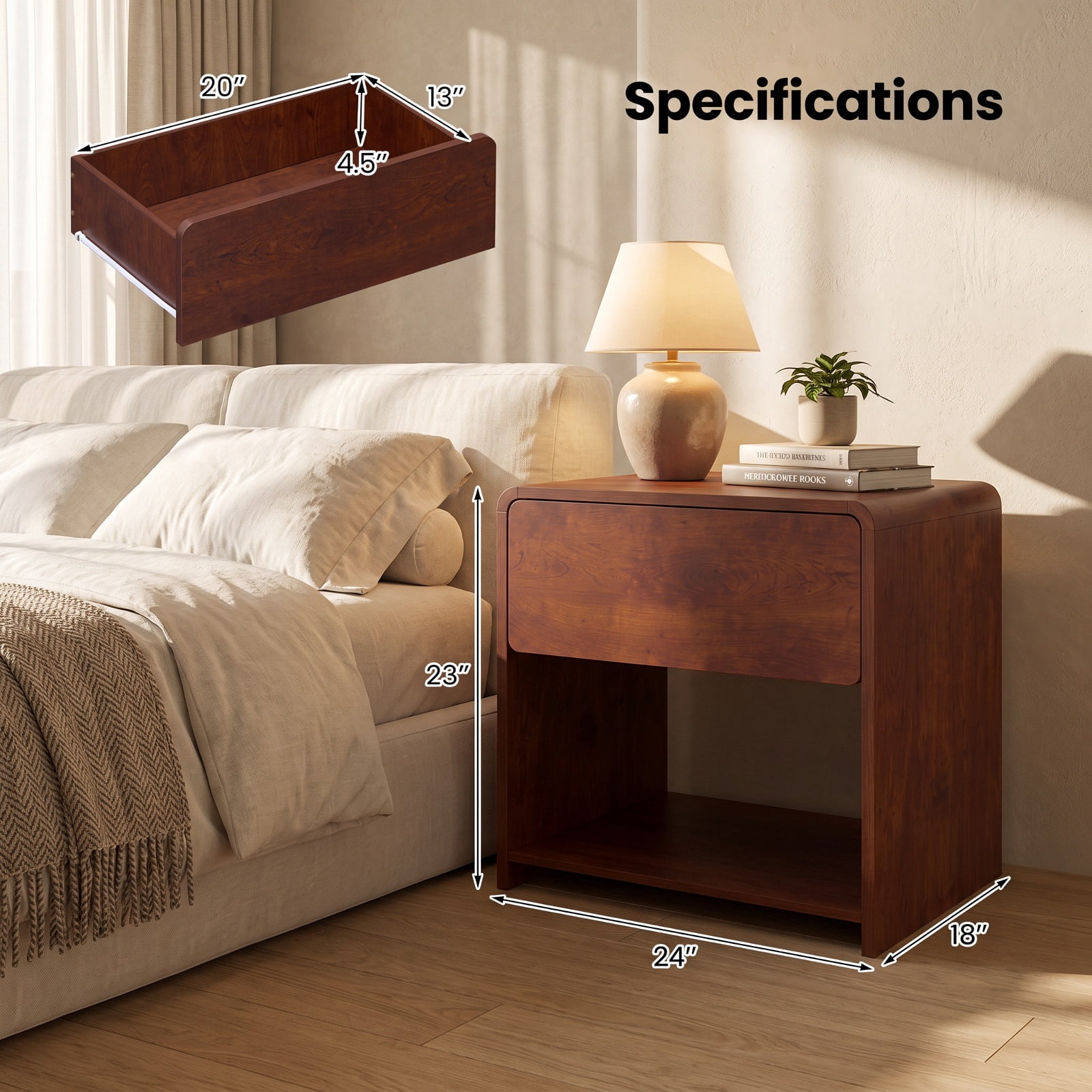 Furnibear 2-Tier Modern Style Nightstand with Drawer and Open Shelf for Bedroom for Bedroom Living Room Bedside Sofa Side Small Space, Walnut